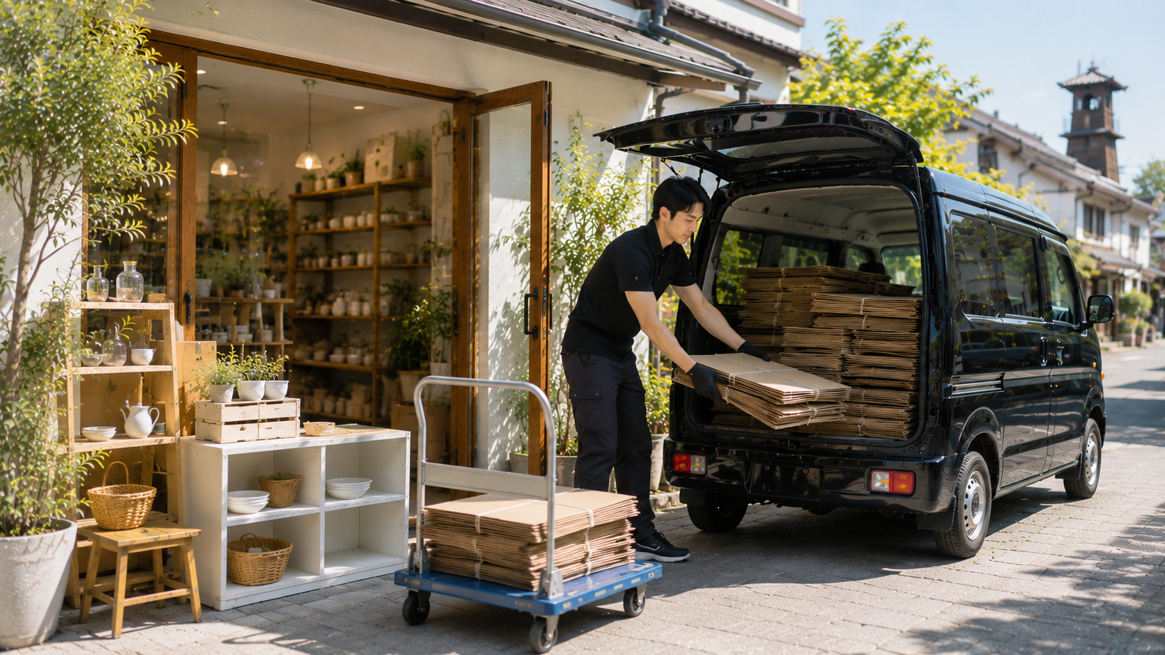 開店準備中の店舗前で段ボールを整理する生成イメージ