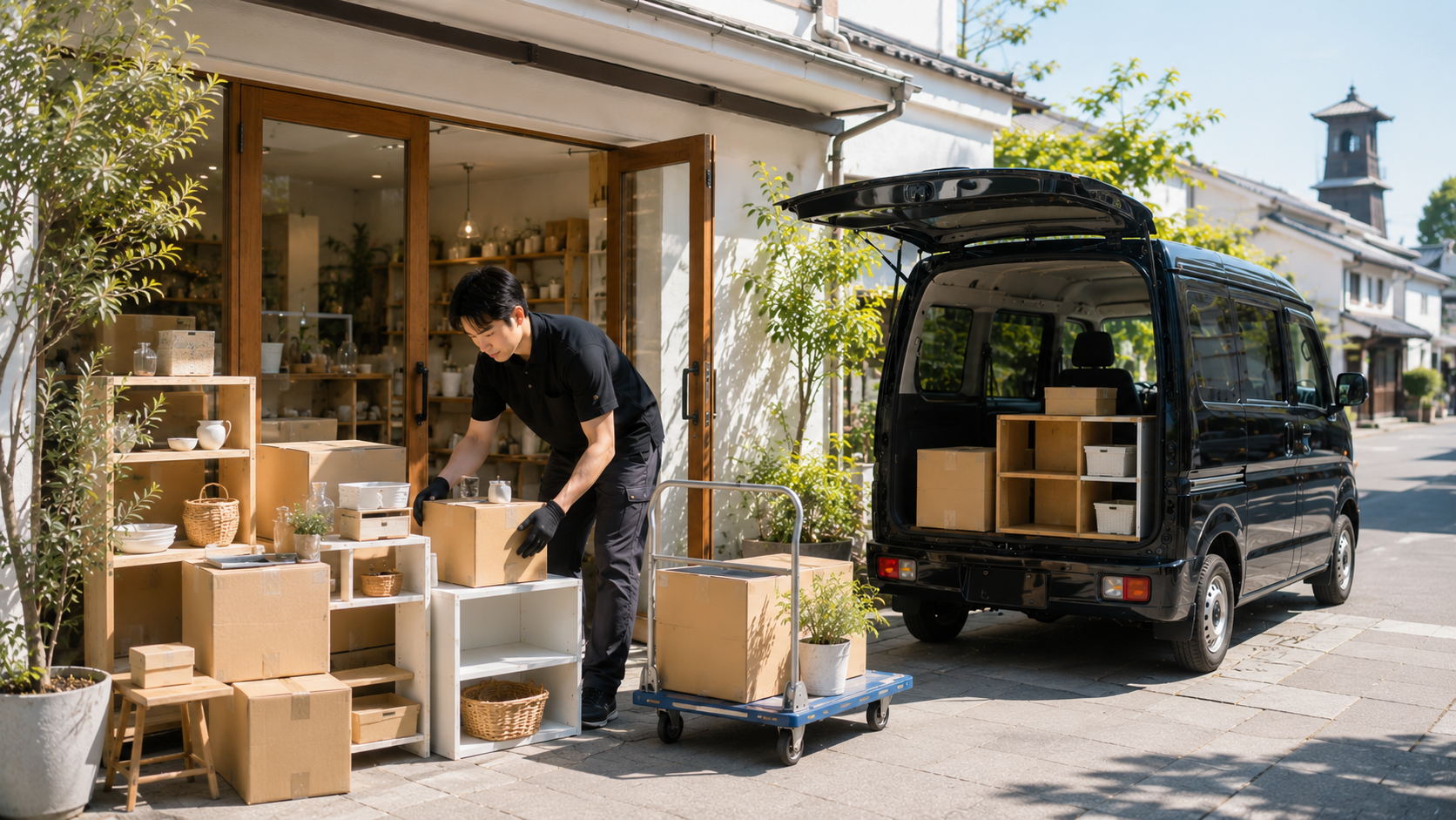 小規模店舗の開店準備で軽バンに荷物を積む生成イメージ