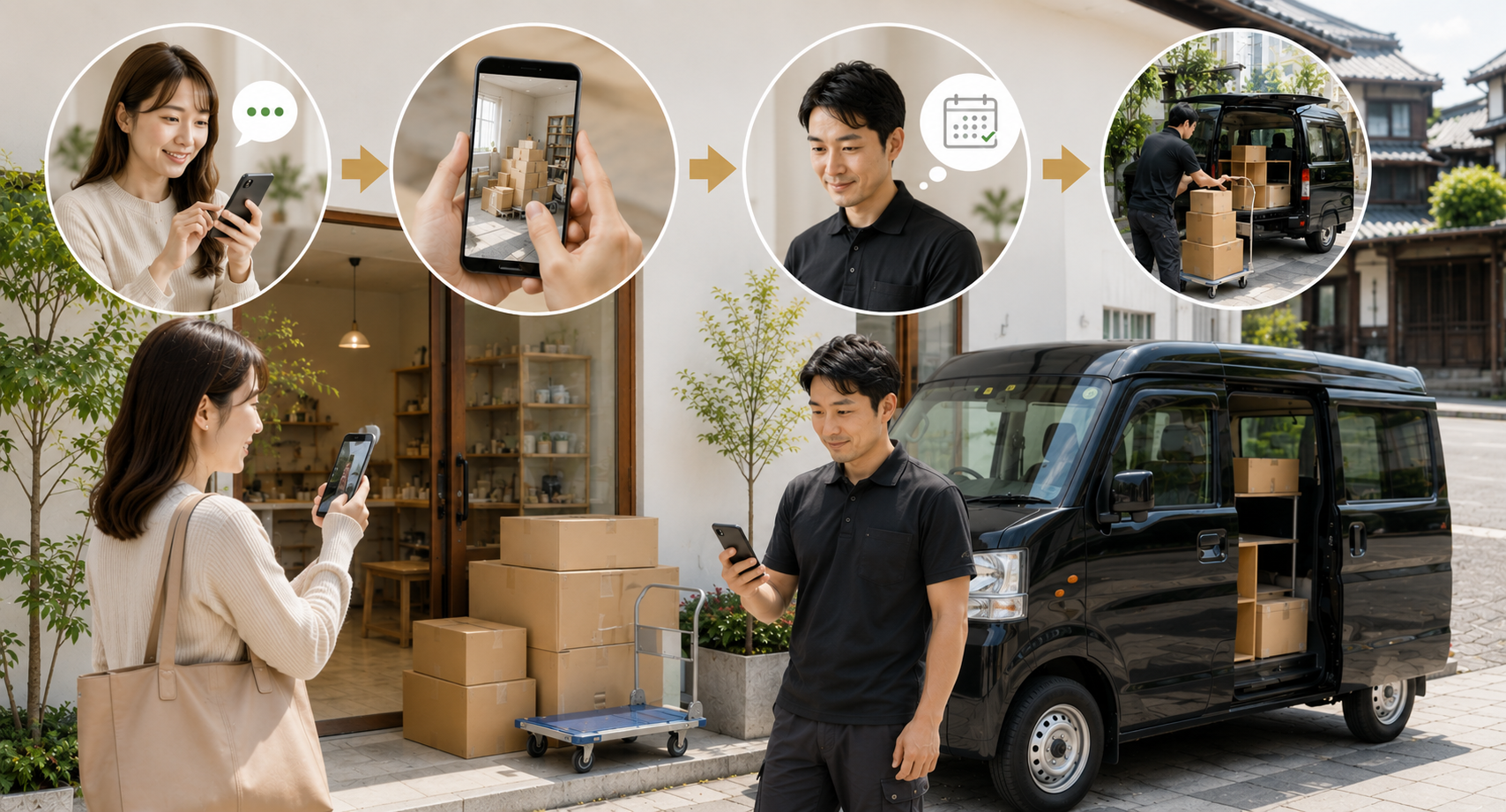 LINE相談から運搬までの流れを表した生成イメージ